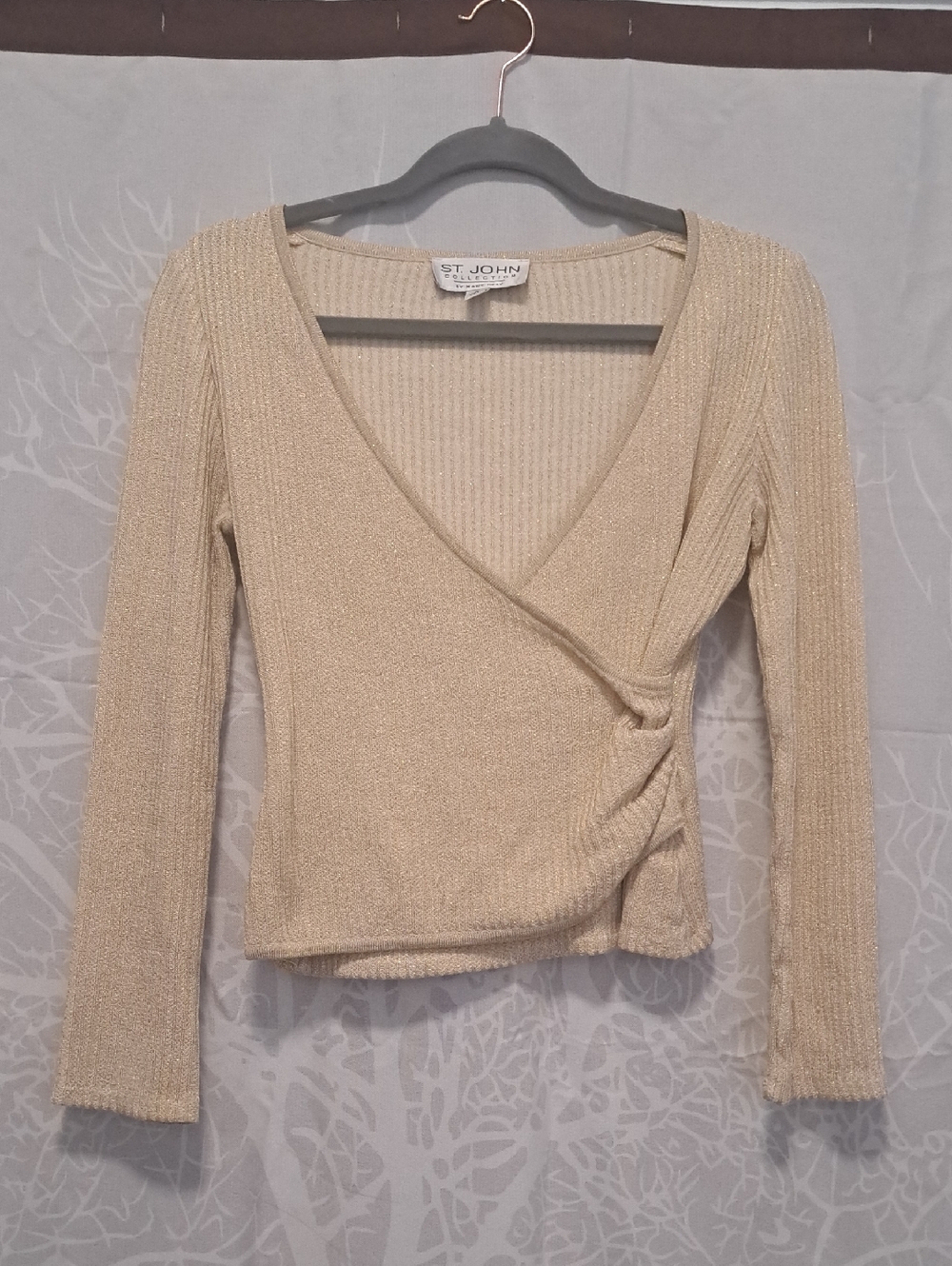 St. John Beige Metallic Wrap Long Sleeve Top